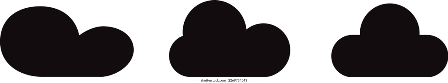 Black cartoon clouds set isolated on white background. Collection of different clouds for background template, wallpaper and fluffy sky design. Flat clouds concept. Clouds vector illustration
