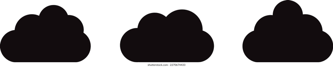 Black cartoon clouds set isolated on white background. Collection of different clouds for background template, wallpaper and fluffy sky design. Flat clouds concept. Clouds vector illustration