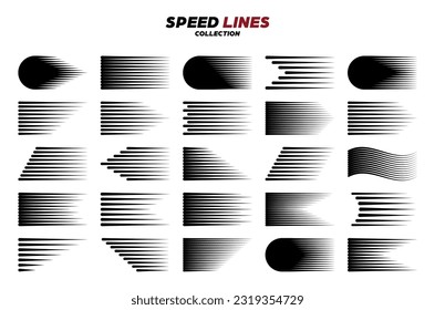 Black cartoon or comic speed lines with round corners. Simple line with motion effect. Comic book design element. Vector collection