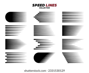 Caricatura negra o líneas de velocidad cómica con esquinas redondeadas. Línea simple con efecto de movimiento. Elemento de diseño de historietas. Colección de vectores