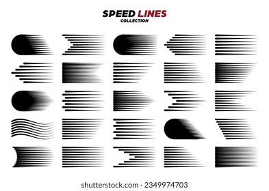 Caricatura negra o líneas de velocidad cómica con esquinas redondeadas. Línea simple con efecto de movimiento. Elemento de diseño de historietas. Colección de vectores