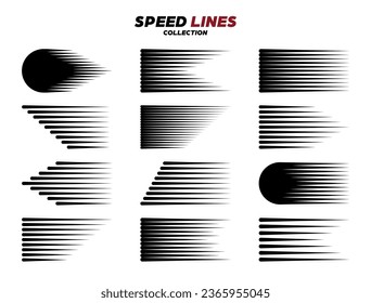 Black cartoon or comic speed lines with round corners. Simple line with motion effect. Comic book design element. Vector collection