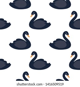 Black cartoon cute swan seamless pattern, vector design for wrapping paper, textile, background fill design.
