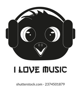 Black Cartoon drawing Owl head with big eyes in headphones retro style isolated on transparent background. Design t-shirt print with Wild Bird on white. Vector illustration.