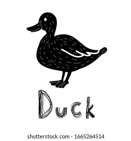 Black cartoon duck with lettering, children art. Vector stock illustration for poster postcard, kids games.