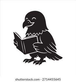 Pájaro del águila de la historieta negra que lee un libro abierto con un Vector de la sonrisa