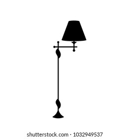 Black cartoon floor lamp light  icon silhouette for home appliance indoor furniture. Vector flat isolated interior design element. Clipart for web, advertising, banners.
