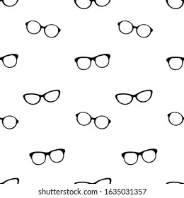 Black cartoon glasses seamless. Vector silhouette sunglasses pattern. Optics cute background.