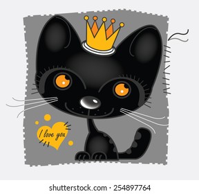 black cartoon kitten on a gray background vector