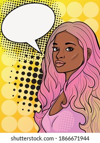 Black cartoon lady with pink hair and a yellow pop art style dots background