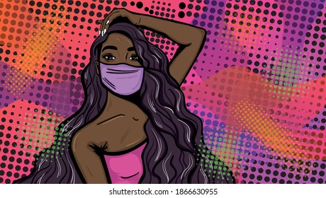 Black cartoon lady wearing the purple face mask on a pop art style colourful background