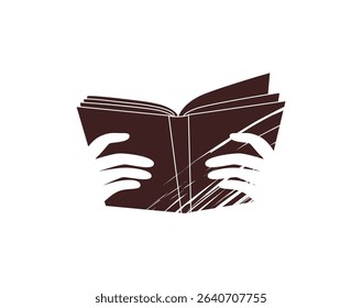 Black cartoon logo of an open book held by two hands, representing learning, reading and education