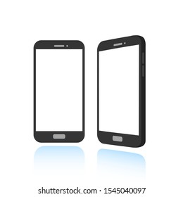 black cartoon mock vector illustration of a black smart phone front view and perspective.