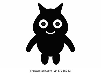 Monstruo de dibujos animados negro con grandes ojos y cuernos. Lindo diseño de criatura, ilustración infantil, personaje monstruo, dibujo caprichoso para niños. Silueta negra aislada sobre fondo blanco.