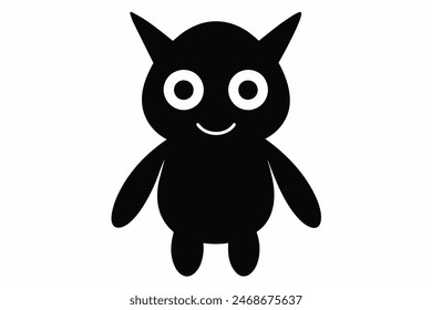 Monstruo de dibujos animados negro con grandes ojos y cuernos. Lindo diseño de criatura, ilustración infantil, personaje monstruo, dibujo caprichoso para niños. Silueta negra aislada sobre fondo blanco.