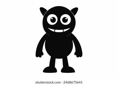 Monstruo de dibujos animados negro con grandes ojos y cuernos. Lindo diseño de criatura, ilustración infantil, personaje monstruo, dibujo caprichoso para niños. Silueta negra aislada sobre fondo blanco.