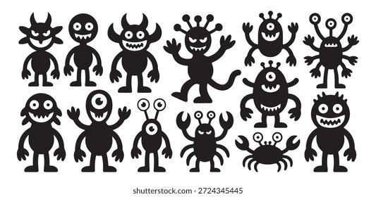 Black cartoon monsters set, various spooky but funny creatures, design elements for games, books, or decorations