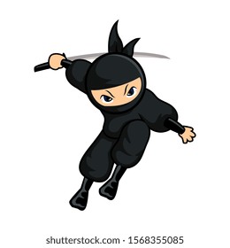 black cartoon ninja ready to attackwith one foot