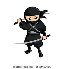 black cartoon ninja stand with double swords like a samurai