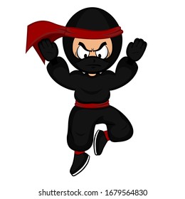 Black cartoon ninja warrior jumping on white background