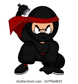 Black cartoon ninja warrior with katana sword crouch down on white background