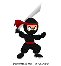 Black cartoon ninja warrior with katana sword on white background