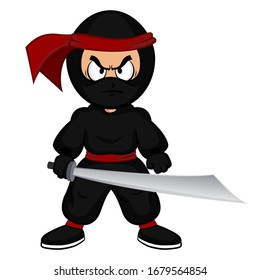 Black cartoon ninja warrior with katana sword on white background