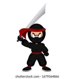 Black cartoon ninja warrior with katana sword on white background