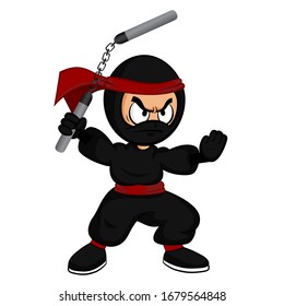 Black cartoon ninja warrior with nunchaku ready for fight on white background