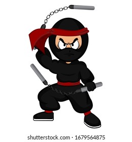 Guerrero ninja de caricatura negra con nunchaku de fondo blanco