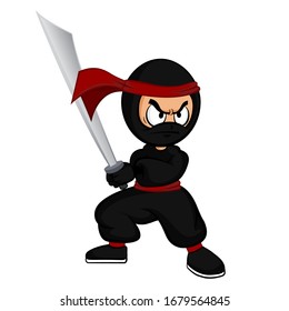 Black cartoon ninja warrior ready for fight with katana sword on white background