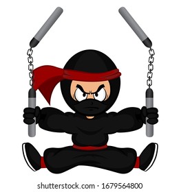 Black cartoon ninja warrior sitting with nunchaku on white background