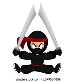 Black cartoon ninja warrior sitting with two katana swords on white background