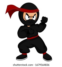 Black cartoon ninja warrior standing ready for fight on white background