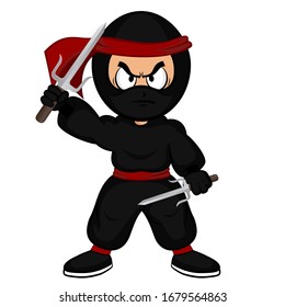 Black cartoon ninja warrior with trishula on white background