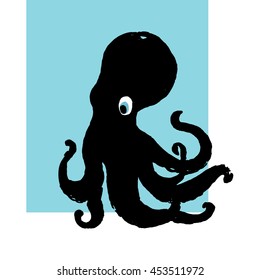 Black cartoon octopus characters with curling tentacles swimming underwater. Print on a t-shirt, poster or logo, vector illustration