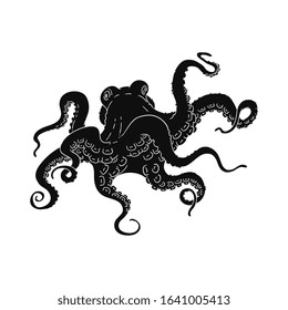 Black cartoon octopus with long tentacles - isolated sea animal drawing on white background. Flat hand drawn outline - vector illustration.