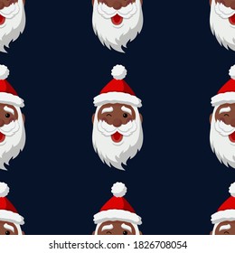 Black cartoon Santa Claus winks. Christmas Seamless Pattern with Christmas elements. Vector Illustration on dark blue background