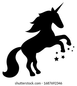 Black cartoon silhouette of a unicorn horse rearing up, with a flying mane and six stars from under its hooves. White background. Vector graphics, illustration