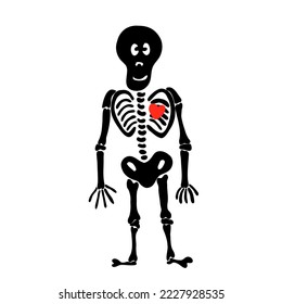 Black cartoon skeleton with red heart inside chest. Valentine or halloween humorous skeletal figure. Romantic friendship cards