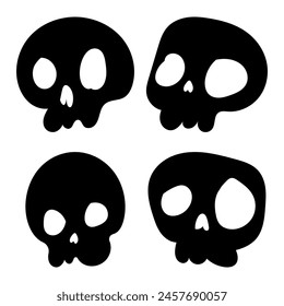 Black cartoon skull icon illustration. Comic style. T-shirt print for Horror or Halloween. Hand drawing illustration isolated on white background. Vector EPS 10