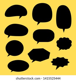 black cartoon speech bubbles set with different shape on yellow background. vector illustration