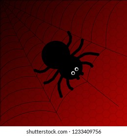 Black cartoon spider with web on red background. Eps10