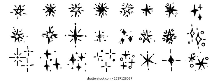 Black cartoon star glittering burst doodle set collection explosion christmas winter decoration.