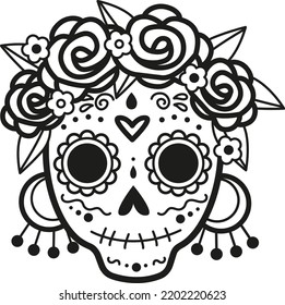  Black cartoon sugar skull mask isolated on white background vector illustration. Sugar skull paper decoration Day Of The Dead, Halloween, party, traditional Mexican carnival. Skull icon, symbol.