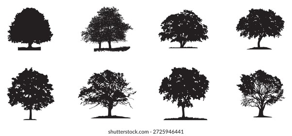Conjunto de coleção de árvores de desenhos animados pretos. Silhuetas de Fir Tree. Elementos de natureza vetorial, ilustrações de árvores florestais, ativos de projeto de paisagem, gráficos de folhagem ecológica. Isolado no fundo branco.