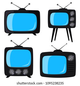 Black cartoon various retro tv set isolated on white background. Media theme vector illustration for icon, sticker sign, patch, certificate badge, gift card, label, poster, web banner, flayer