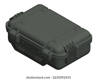 A black case with a handle. The case is made of plastic and is rectangular in shape. Isometric view