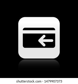 Black Cash back icon isolated on black background. Credit card. Financial services, money refund, return on investment, savings account. square button. Vector Illustration