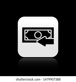 Black Cash back icon isolated on black background. Financial services, money refund, return on investment, savings account, currency exchange. square button. Vector Illustration